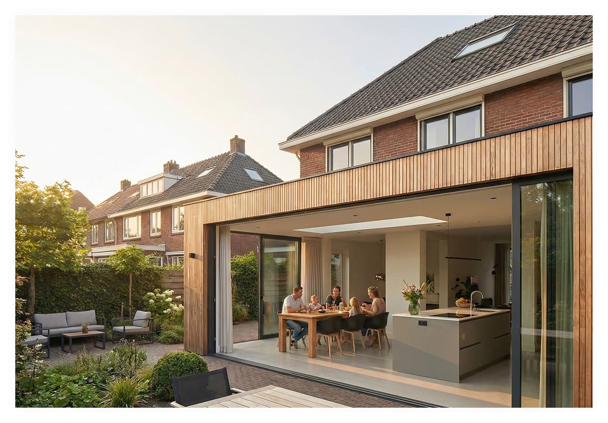 Aanbouw met houten gevel en glazen pui, bekeken vanuit de tuin